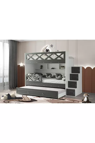 Mars Ranza / Weiß-anthrazit / 3 Schlafbereiche und Treppe mit Schrank / % MDF