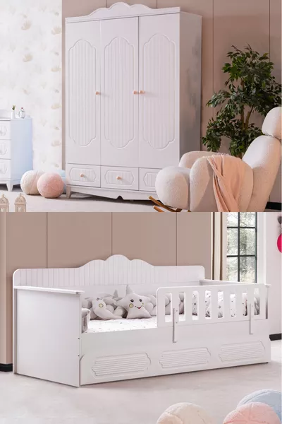Flower Kids' Bedroom Set, Flower Loft Bed, 3-Door Wardrobe - White