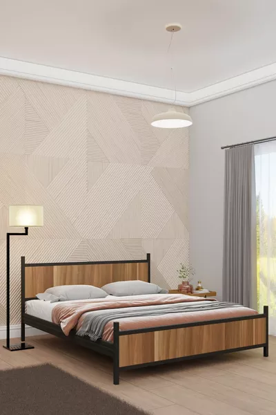 Gm Modern Double Bed Wooden Metal Black Walnut Bed Frame