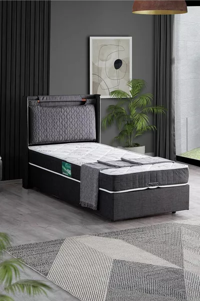 Zagreb Double Set, Single Bed Base and Headboard Set, Anthracite