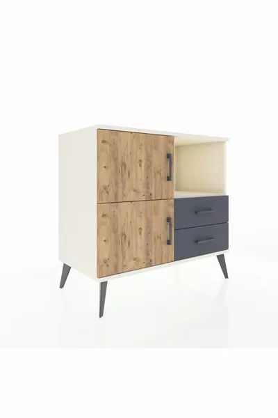 Commode Hyperion 2 étagères 2 tiroirs 2 portes Pierre de Lune-Sapin/Anthracite