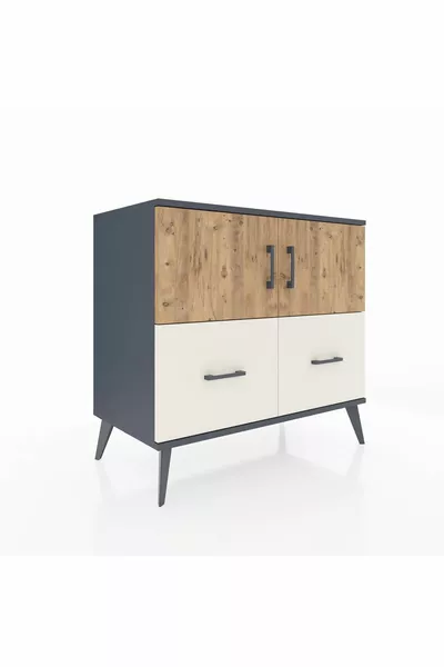 Commode Hyperion 2 étagères 2 tiroirs 2 portes Anthracite-Pin/Gris pierre