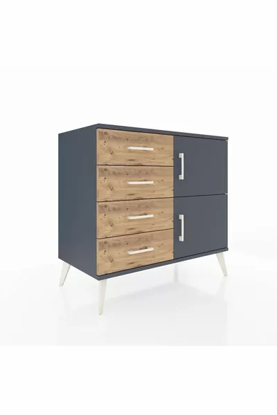 Commode Hyperion à une étagère, 4 tiroirs et 2 portes Anthracite-Anthracite/Sapin