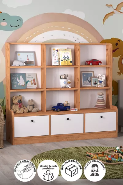 Schrank mit 3 Türen und 9 Regalen, Bücherregal, Multifunktionaler Schrank, Spielzeugschrank, Demet Çam Weiß