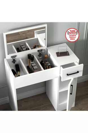 Coiffeuse à miroir blanc perle – Avec tiroirs, armoires et design élégant