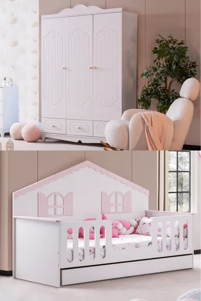 Poli Kids Room Set, Poli Bunk Bed with Trundle, Flower 3-Door Wardrobe - Pink