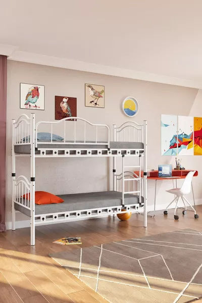 Cameretta per Bambini Belinay con Letto a Castello e Letto Singolo in Metallo