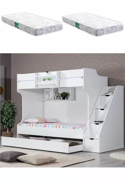 Bunk Bed, Kardem Bunk Bed with Drawer - White + 2 Comfort Mattresses