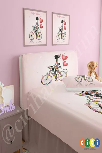 Bettkopfteilbezug mit Blumen, Fahrrad, Herzballons