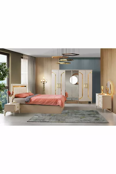 Milano Bedroom Set - MDF - Sand Beige - 6 Doors with Mirror - Without Base - With Slatted Bed Support - Free Delivery and Assembly