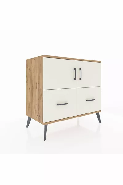 Commode Hyperion 2 étagères 2 tiroirs 2 portes Pin-Gris