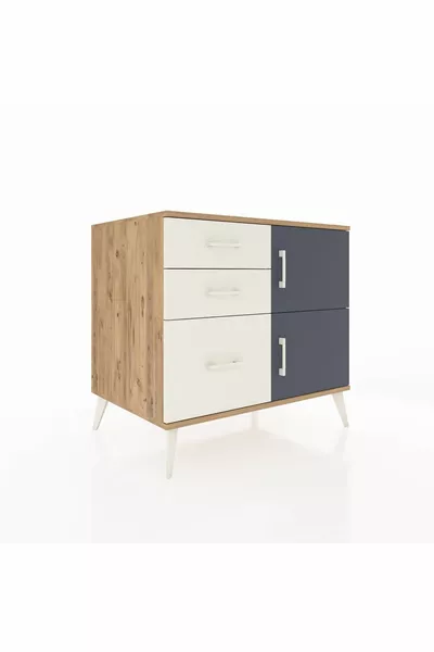 Kronos Kommode mit einem Regal, 3 Schubladen und 2 Türen, Kiefer-Anthrazit/Steingrau