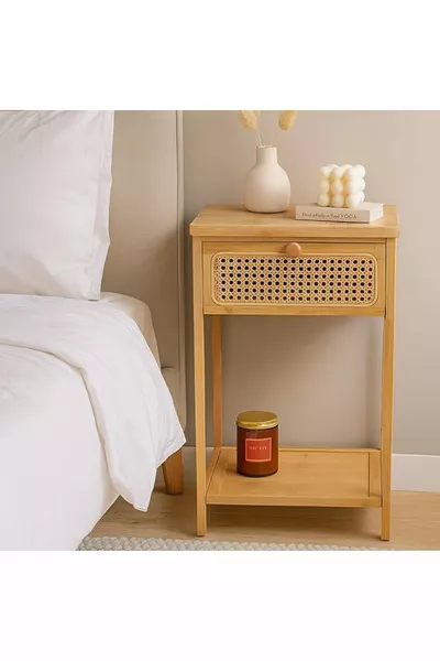 Rattan Nightstand | Natural Wood Dresser – Suitable for Bedroom and Living Room Use