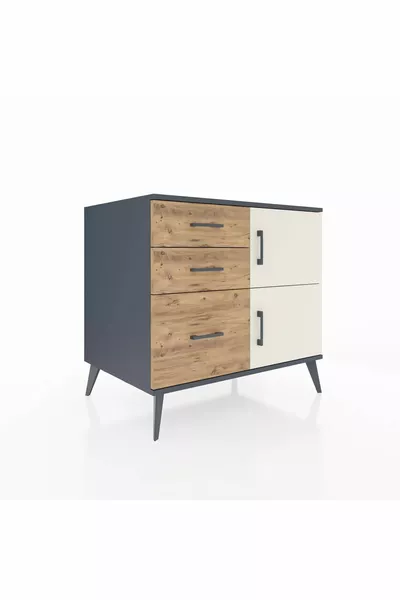 Commode Kronos à une étagère, 3 tiroirs, 2 portes, anthracite-pierre grise/pin