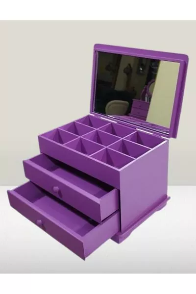 Hobi ERDL Gioielli Trucco Comò 2 Cassetti Specchio Viola Lucido Legno MDF Fatta a Mano