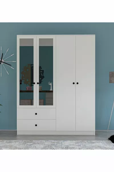 Armoire 4 portes 2 tiroirs GM  Novado avec poignées boutons et miroir