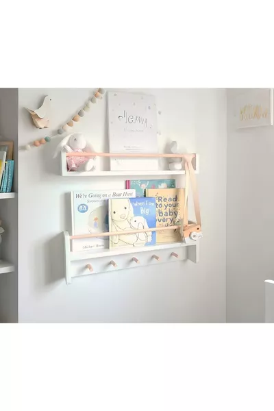Bibliothèque murale Montessori à 2 étagères avec crochets, MDF blanc