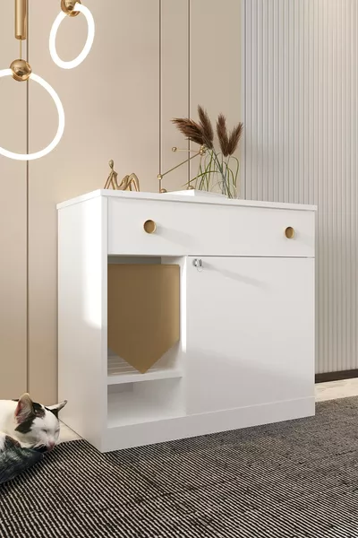 MONA Houten Kattenbak met Lade - Met Slot Op Het Deksel - Inclusief Stoffering bij de Ingang - Zandbak Niet Inbegrepen - WIT