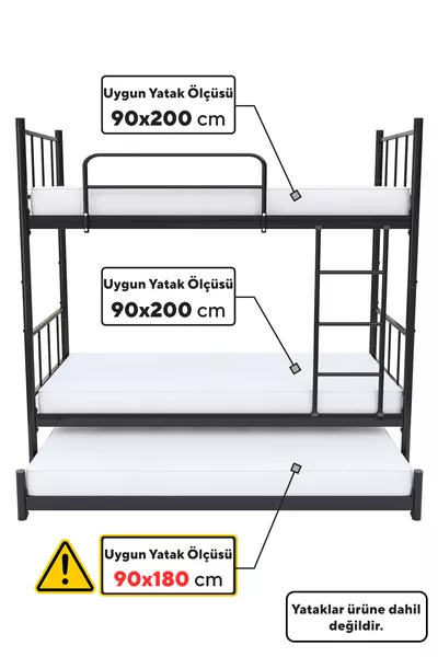 Tekno Yavrulu Ranza  Yatak Uyumlu 3 Kişilik Siyah Metal Ranza Karyola