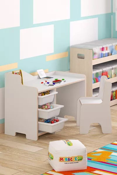 Children's Study Desk Cm 3-Basket Children's Study Desk with Chair with Backrest