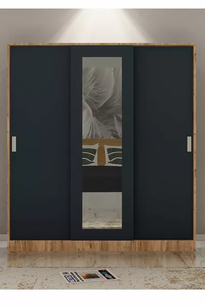 Armoire en anthracite gris GM  Sline 3 portes coulissantes avec tringles et étagères en pin Atlantique
