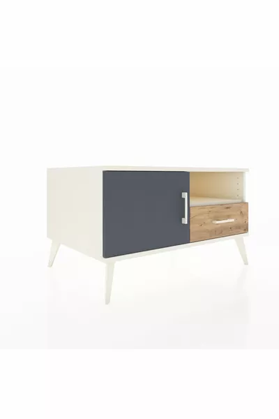 Commode Kronos avec 2 étagères, 1 tiroir et 1 porte, Pierre de Lune-Anthracite/Pin