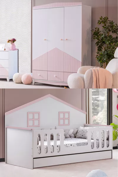 Set per cameretta Bello, letto con cassetto Bello Yavrulu, armadio a 3 ante Fethiye - Rosa