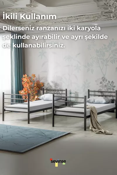 Ranza, İki Katlı Ranza, Metal Ranza, Ayrılabilir Ferforje Metal Ranza,  cm Siyah