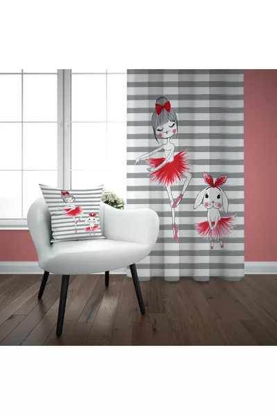 Set Camera per Bambina Ballerina con Strisce Grigie (Tenda, Copriletto e Cuscini - Tappeto)