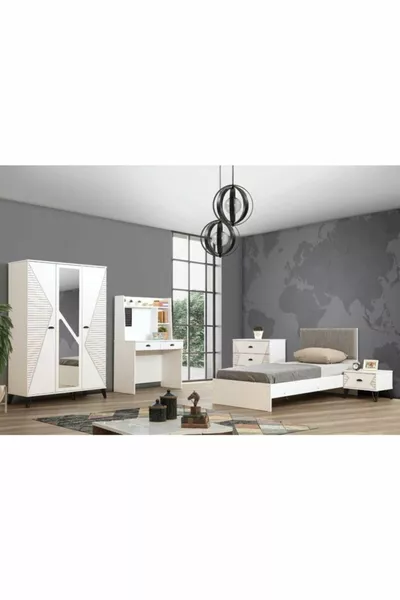 Safir Jugendzimmer - 3-türiger Schrank, Bettgestell, Nachttisch, Kommode, Tisch