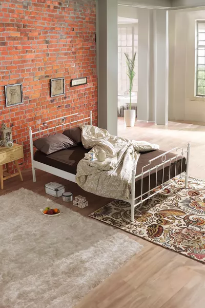 Hatkus Double Iron Bed Frame - White (Wooden Slats)