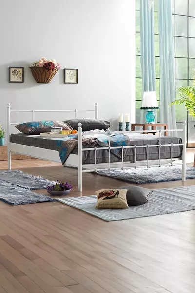 Lalas Double Iron Metal Bed Frame - White (With Wooden Slats)