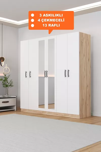  Kale Spiegelgedeelte Sonomo/Wit, 6-Deurs Kast,  Planken, 3 Hanggedeeltes,  Cm Kast