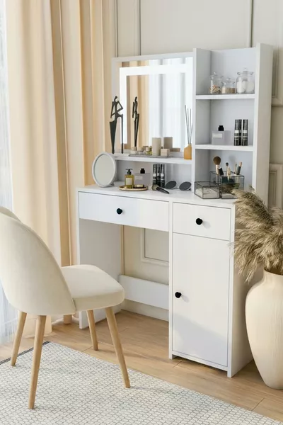 Schminktisch Weiß Schmuck- und Accessoire-Organizer mit Schublade, Regal und Spiegel, spezieller LED-Spiegel