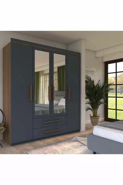 Gm  Nisa Deluxe Armoire 4 portes 2 tiroirs avec miroir