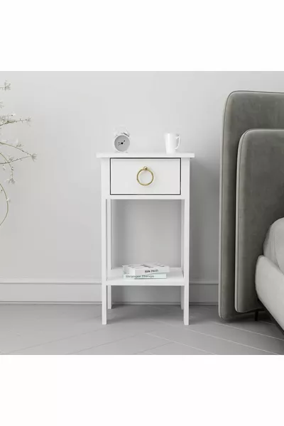 Comodino Luvia con un cassetto, bianco con maniglia in oro
