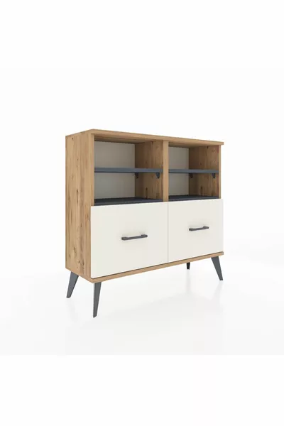 Commode Arges 4 étagères 2 tiroirs Pin-Anthracite/Gris pierre