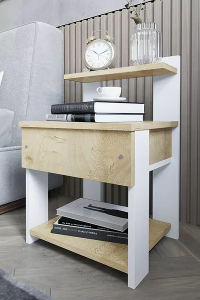Table de chevet Rina Raflı avec tiroirs, blanche, chêne Lefkás