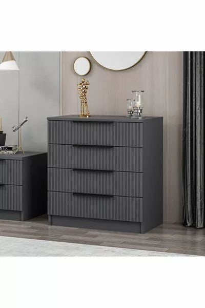 -chiffonnier Kale 4 tiroirs - Anthracite avec motifs rayés en membrane