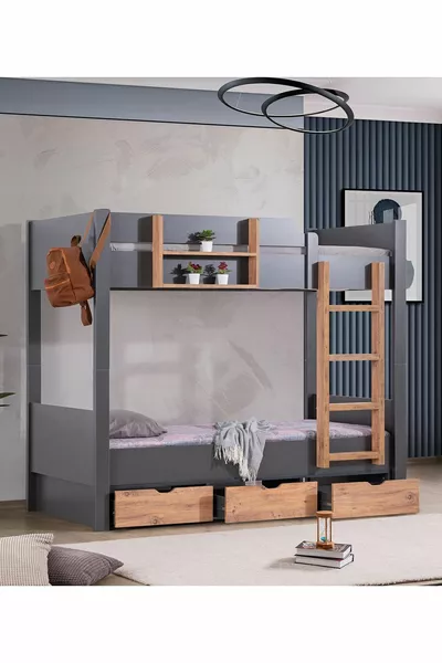 Lit superposé Ranza Asya avec tiroirs amovibles, 2 matelas Comfort