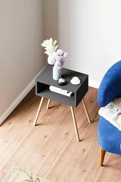 Bedside Table with Wooden Legs and Shelves - Anthracite Gray