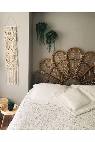 Bambu Rattan Hasır Yatak Başlığı - El yapımı Ceviz Renk Çift Kişilik cm