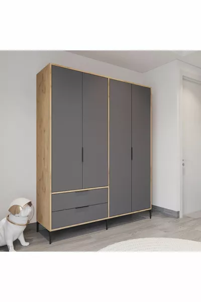 Armoire Aden anthracite complet à 4 portes avec tiroirs, penderie, armoire avec étagères