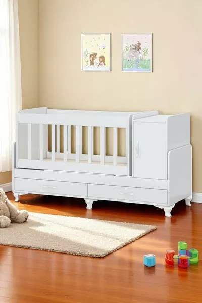 Neben der Mutter, Schaukelndes, Wachsende Babywiege, Mit Bett, Blaues Schlafset, Mit Schublade, Mit Deckel X