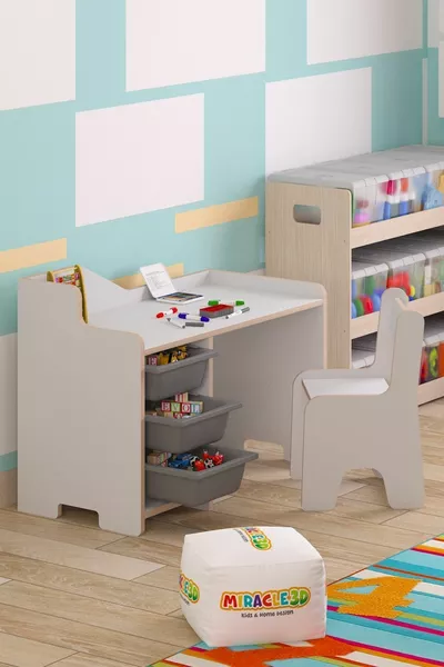 Children's Study Desk  Cm 3-Basket Children's Study Desk with Chair with Backrest