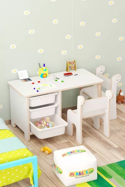 Ensemble table et chaises pour enfants - Table de travail pour enfants avec 3 paniers, table d'activités, double chaise Dino effaçable