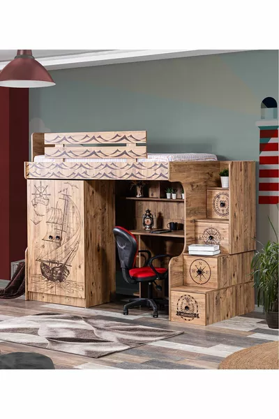 Bunk Bed, Captain Bunk Bed Wardrobe Desk 1 Comfort Mattress
