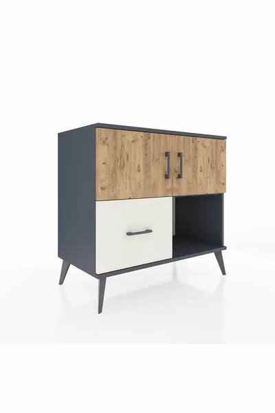 Commode Hyperion avec 2 étagères, 1 tiroir, 2 portes Anthracite-Pin/Pierre de lune