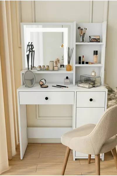 Schminktisch Weiß Schmuck- und Accessoire-Organizer mit Schublade, Regal und Spiegel, spezieller LED-Spiegel