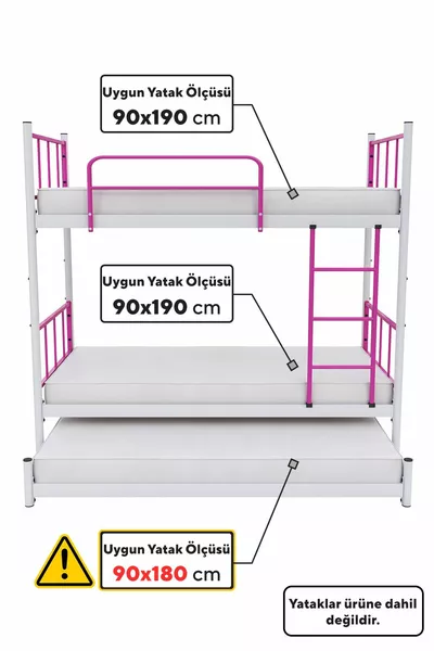 Tekno Loft Bed with Ladder, Compatible Mattress, 3-Person Dark Pink Metal Bunk Bed